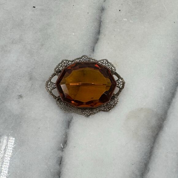 Antique early 1900s Amber stone Filagrees Oval Brooch - Picture 1 of 6
